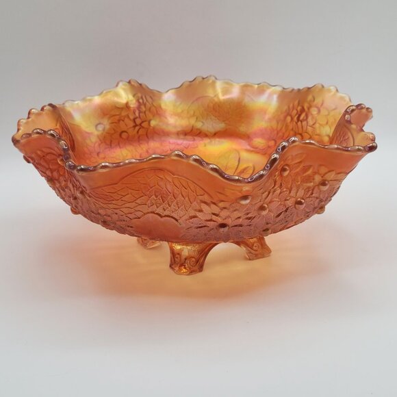 Fenton Orange Tree 4 Foot Marigold Iridescent Carnival Glass Ruffled Bowl 10" - Picture 6 of 15